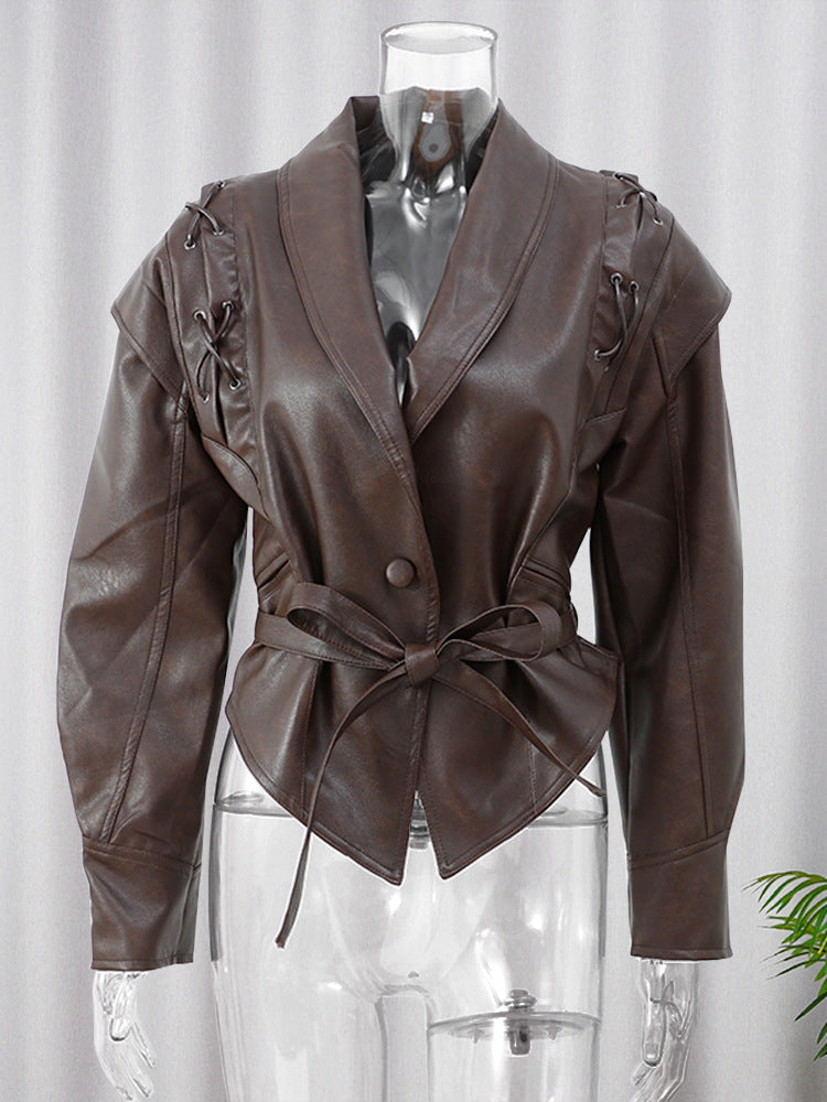 Lace-up cropped leather jacket - fabric detail