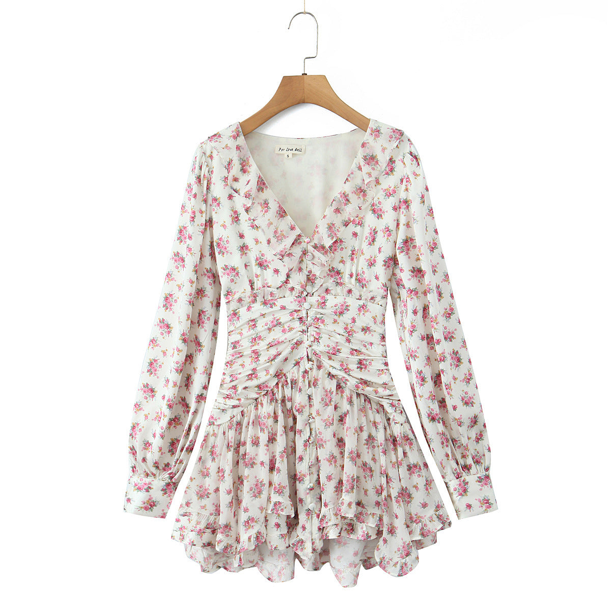Floral Ruffle Mini Dress | V-Neck Long Sleeve Ruched Design
