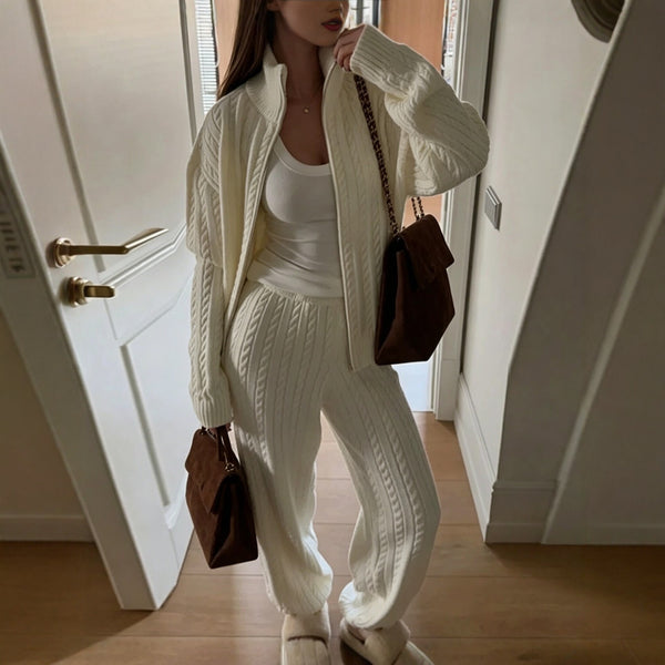 Noelle Two-Piece Set: Cable-Knit Zip Sweater + Knit Pants