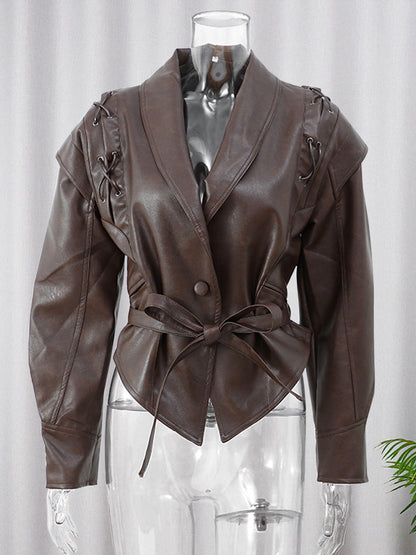 Lace-up cropped leather jacket - back view