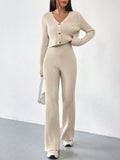 Sienna Two-Piece Set: V-Neck Knit Cardigan + Wide-Leg Pants