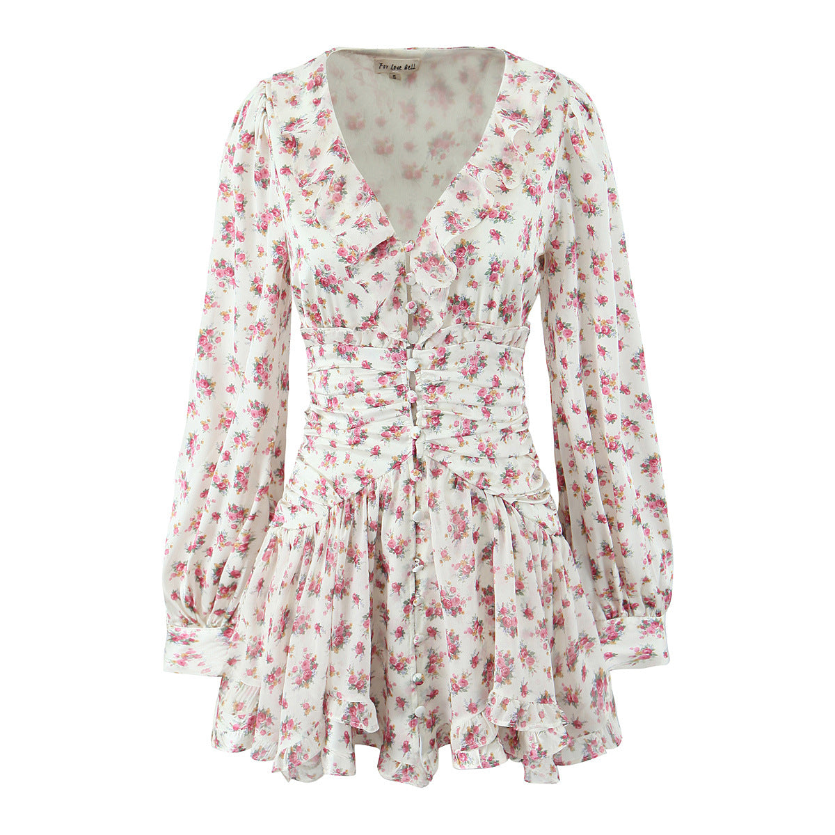 Floral Ruffle Mini Dress | V-Neck Long Sleeve Ruched Design