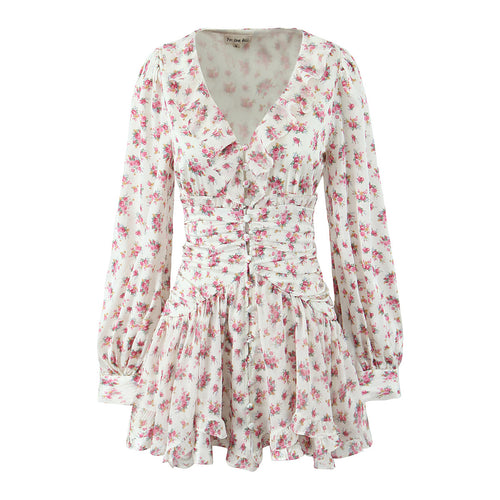 Floral Ruffle Mini Dress | V-Neck Long Sleeve Ruched Design