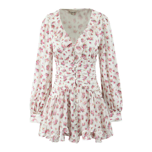 Floral Ruffle Mini Dress | V-Neck Long Sleeve Ruched Design