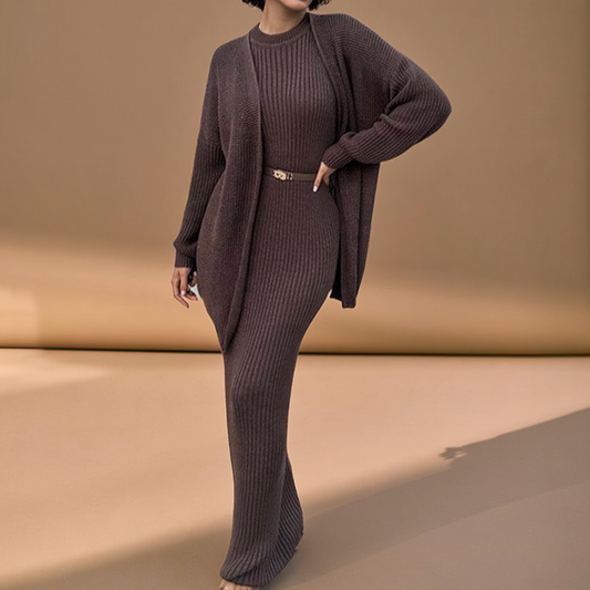 Serena Two-Piece Set: Knit Cardigan + Ribbed Maxi Skirt